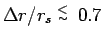 $\Delta r / r_s \stackrel{\scriptstyle<}{\scriptscriptstyle\sim}\:0.7 $