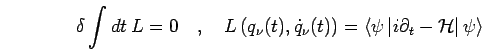 \begin{displaymath}
\delta \int dt \:
L = 0
\quad,\quad
L \left({q_\nu}(t),{\dot...
...i {\partial}_t
- {\mathcal{H}}\right\vert
\psi \right\rangle
\end{displaymath}